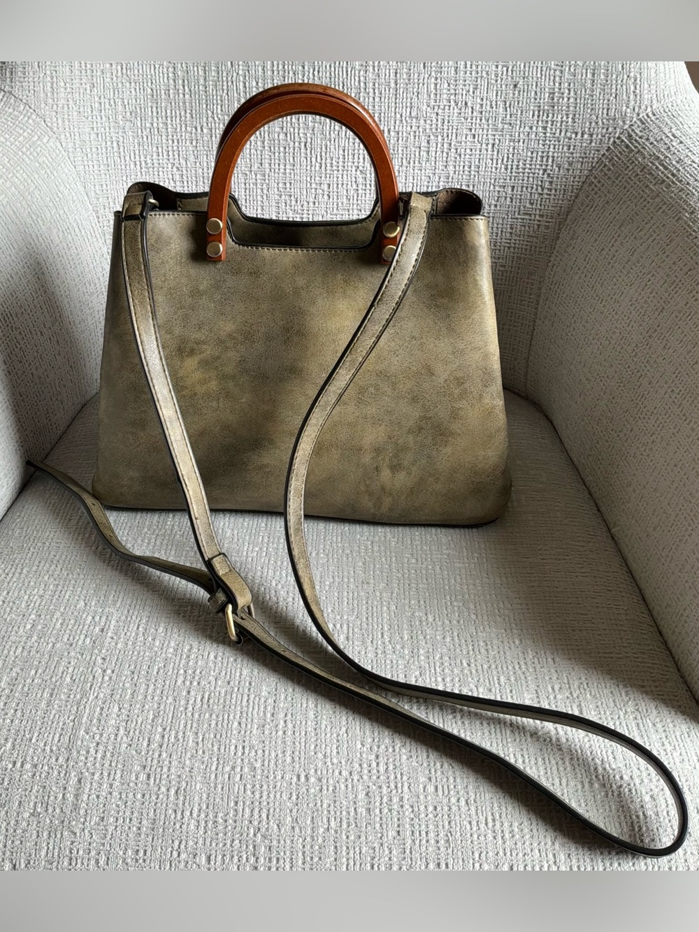 Joy Susan Olive Green Satchel with Tan Wood-Effect Handles